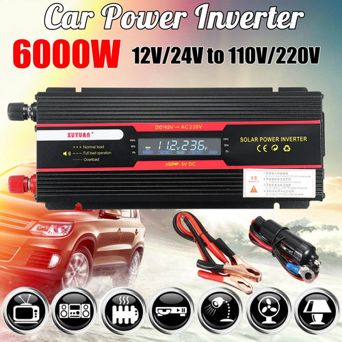 Car Inverter 12V 220V 6000W Pe ak Power Inverter Voltage Convertor Transformer 12V/24V To 110V/220V Inversor + LCD Display
